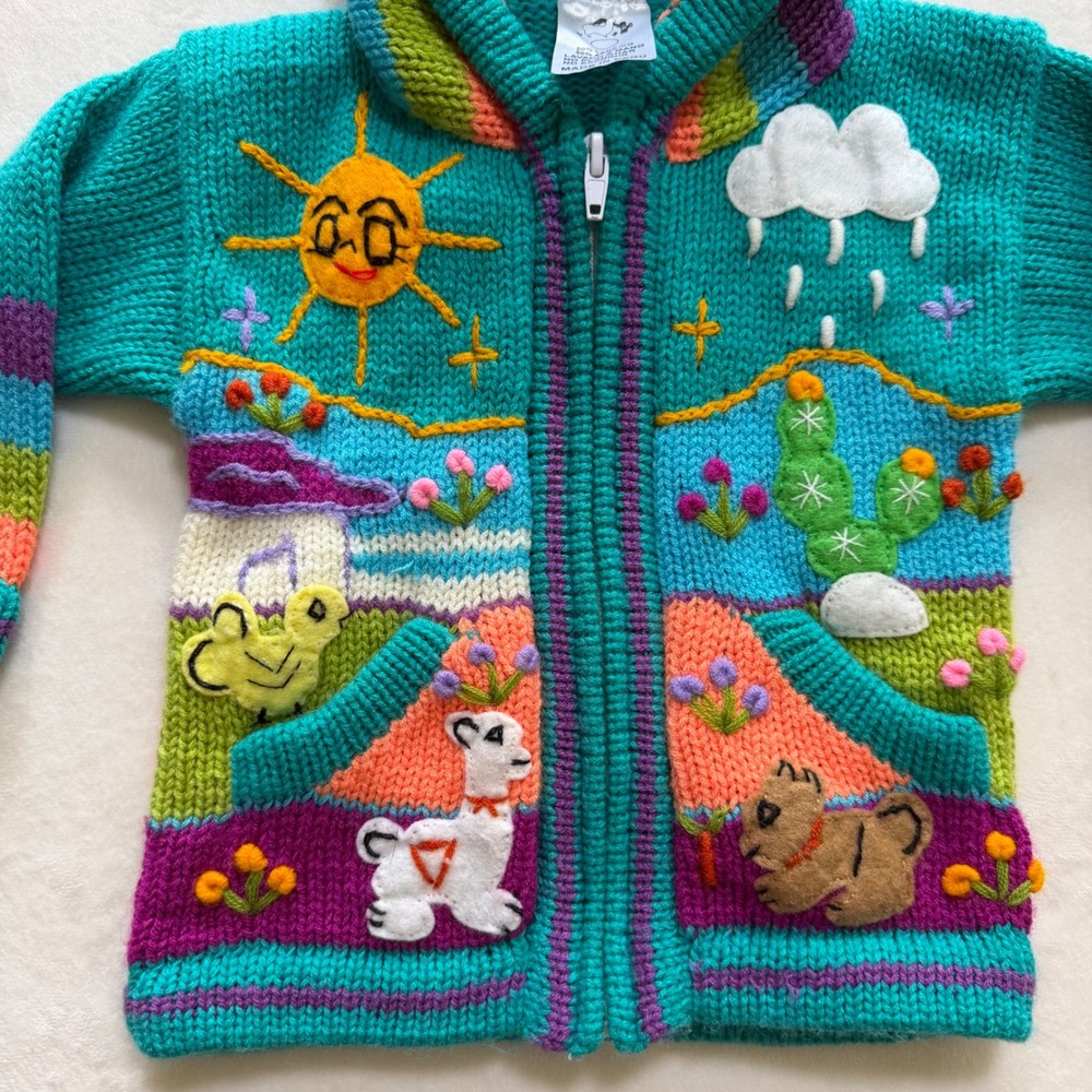 Unbranded Knit Hoodie Toddler 2T Teal Wool Blend Llama Cactus Peru Sweater - Picture 2 of 6